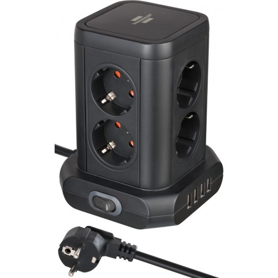 Brennenstuhl Tower Πολύπριζο 8 Θέσεων με Διακόπτη, 4 Θύρες USB και Καλώδιο 2m/ H05VV-F/ 3G1,5 Black (1153560000)