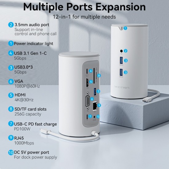 VENTION Type-C to HDMI/VGA/USB 3.1 Gen 1-C/USB 3.0x3/RJ45/SD/TF/TRRS 3.5mm/PD 100W/DC 10W Docking Station White Vertical Type (TPHWC-EU)