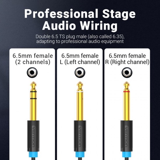 VENTION TRS 6.5mm Male to 2*6.5mm Male Audio Cable 1M Black (BATBF)
