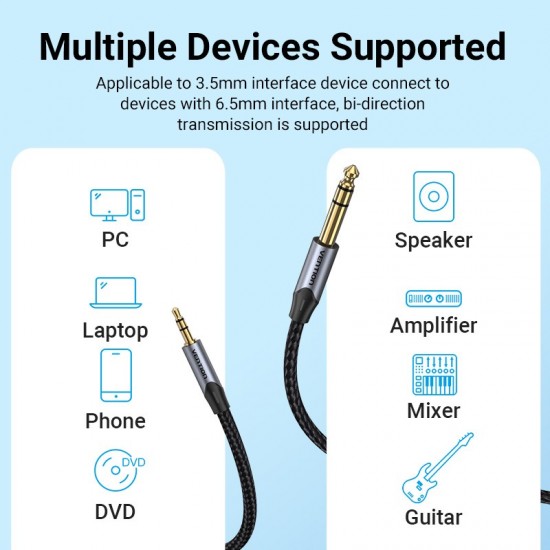 VENTION Cotton Braided TRS 3.5mm Male to 6.5mm Male Audio Cable 0.5M Gray Aluminum Alloy Type (BAUHD)