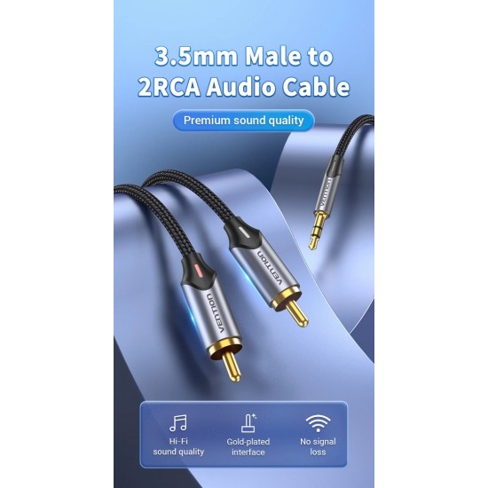 VENTION 3.5mm Male to 2RCA Male Audio Cable 2M Gray Aluminum Alloy Type (BCNBH)