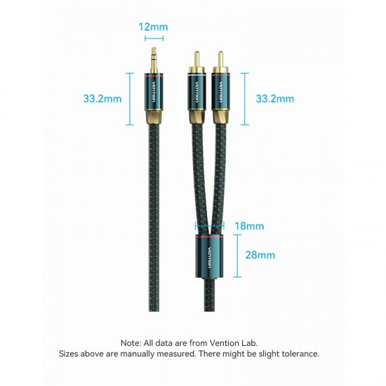 VENTION Cotton Braided 3.5mm Male to 2RCA Male Audio Cable 1M Green Copper Type (BCSGF)