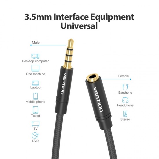 VENTION Cotton Braided 3.5mm Audio Extension Cable 1.5M Black Metal Type (BHBBG)