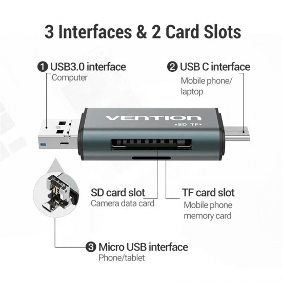 VENTION USB 3.0 A / Type-C / Micro USB Multi-Function Card Reader (SD+TF) Gray Metal Type (CCHH0)