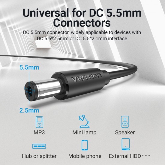 VENTION USB to DC 5.5mm Barrel Jack Power Cable 1.5M Black Tuning Fork Type (CEYBG)