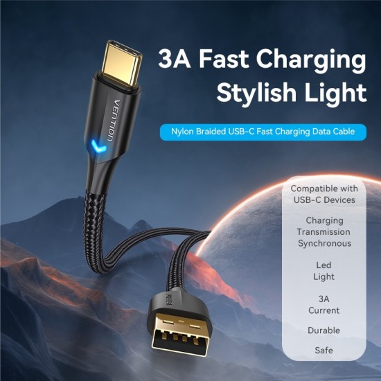 VENTION Nylon Braided USB 2.0 A Male to Type-C Male 3A Cable 1M Black LED Type (CTFBF)