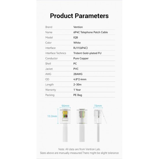 VENTION Flat 4-Core Telephone RJ11 Cable with 6P4C Plug 5M White (IQBWJ)