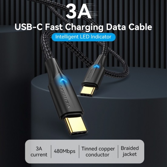 VENTION Nylon Braided Type-C to Type-C 3A Cable 1M Black LED Type (TAUBF)