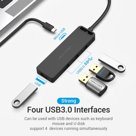 VENTION Type-C to 4-Port USB 3.0 Hub with Power Supply Black 1M ABS Type (TGKBF)