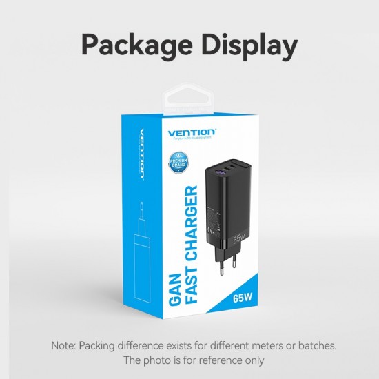 VENTION 3-Port USB (C+C+A) GaN Charger (65W/30W/30W) EU-Plug Black (FEDB0-EU)